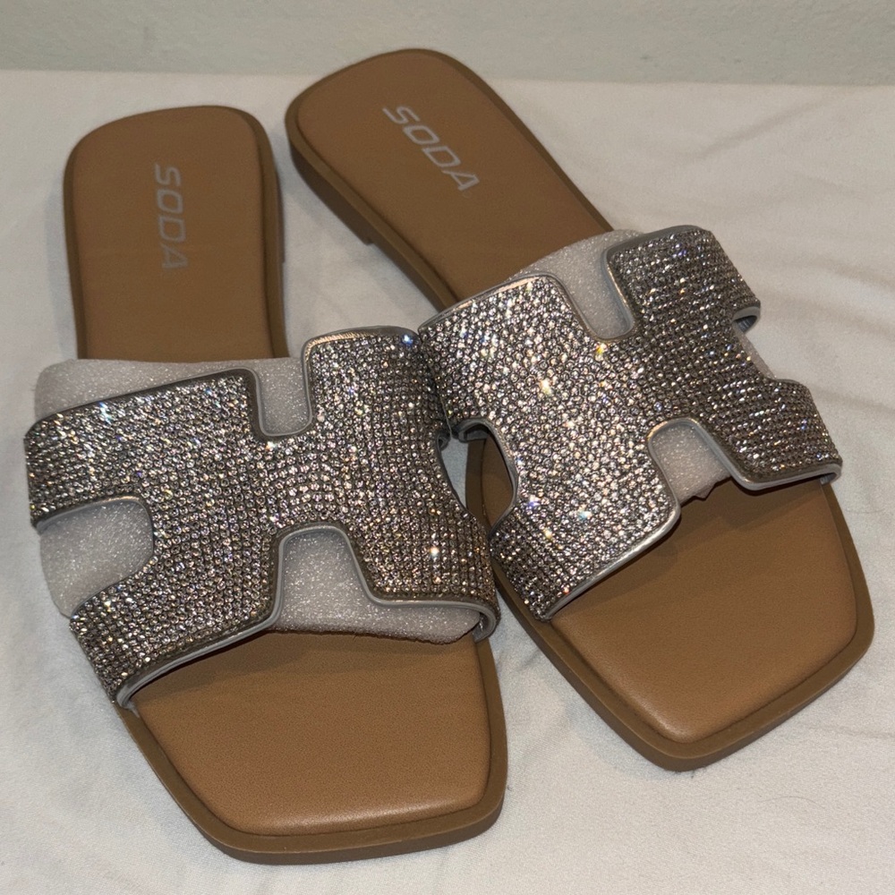 Soda Women's Glittering Silver Slide Sandals